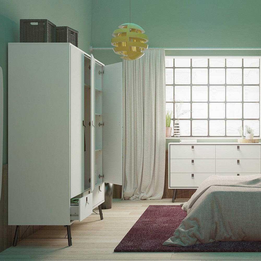 Ry Large Wide Triple Wardrobe 3 Doors + 3 Drawers in Matt White - Price Crash Furniture