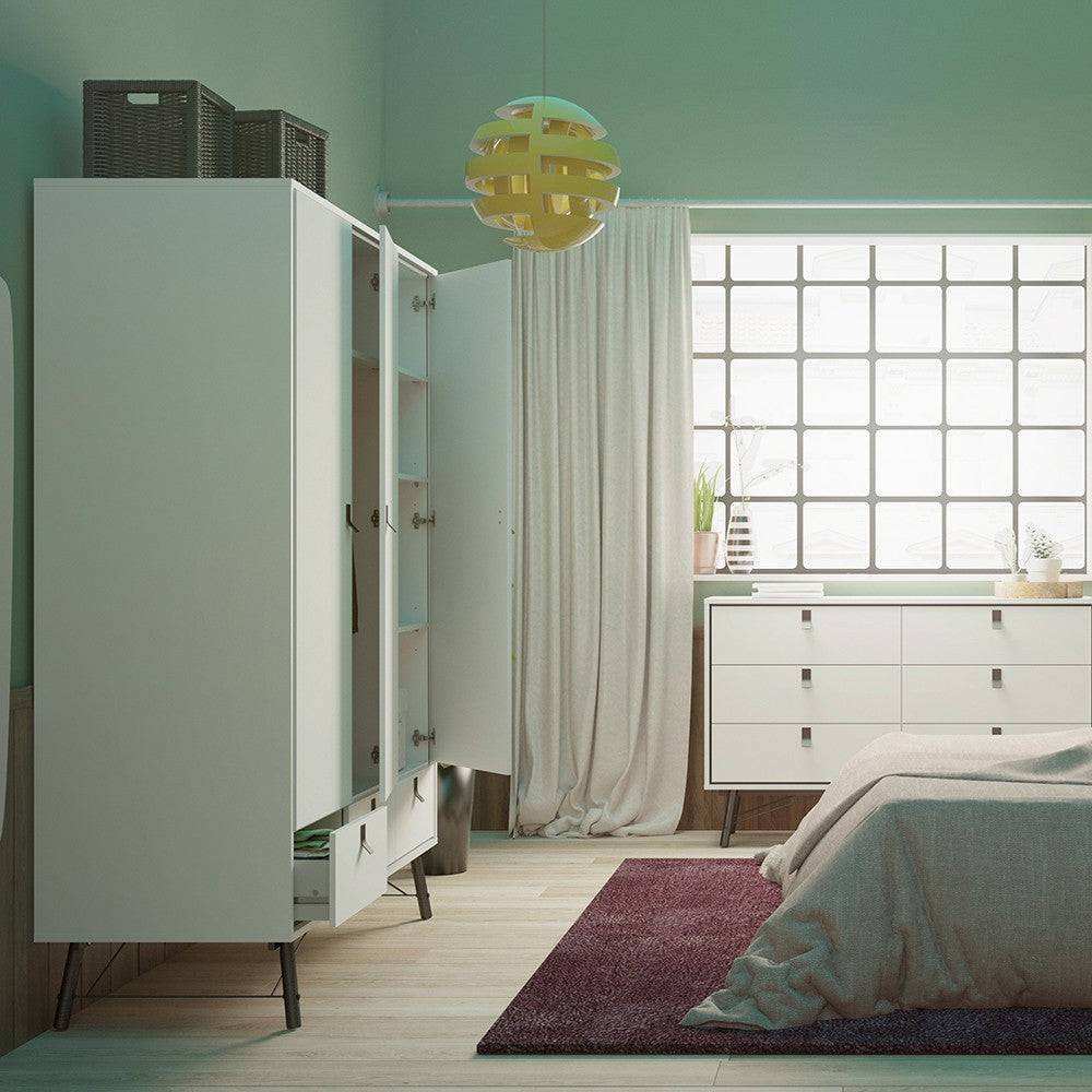 Ry Large Wide Triple Wardrobe 3 Doors + 3 Drawers in Matt White - Price Crash Furniture