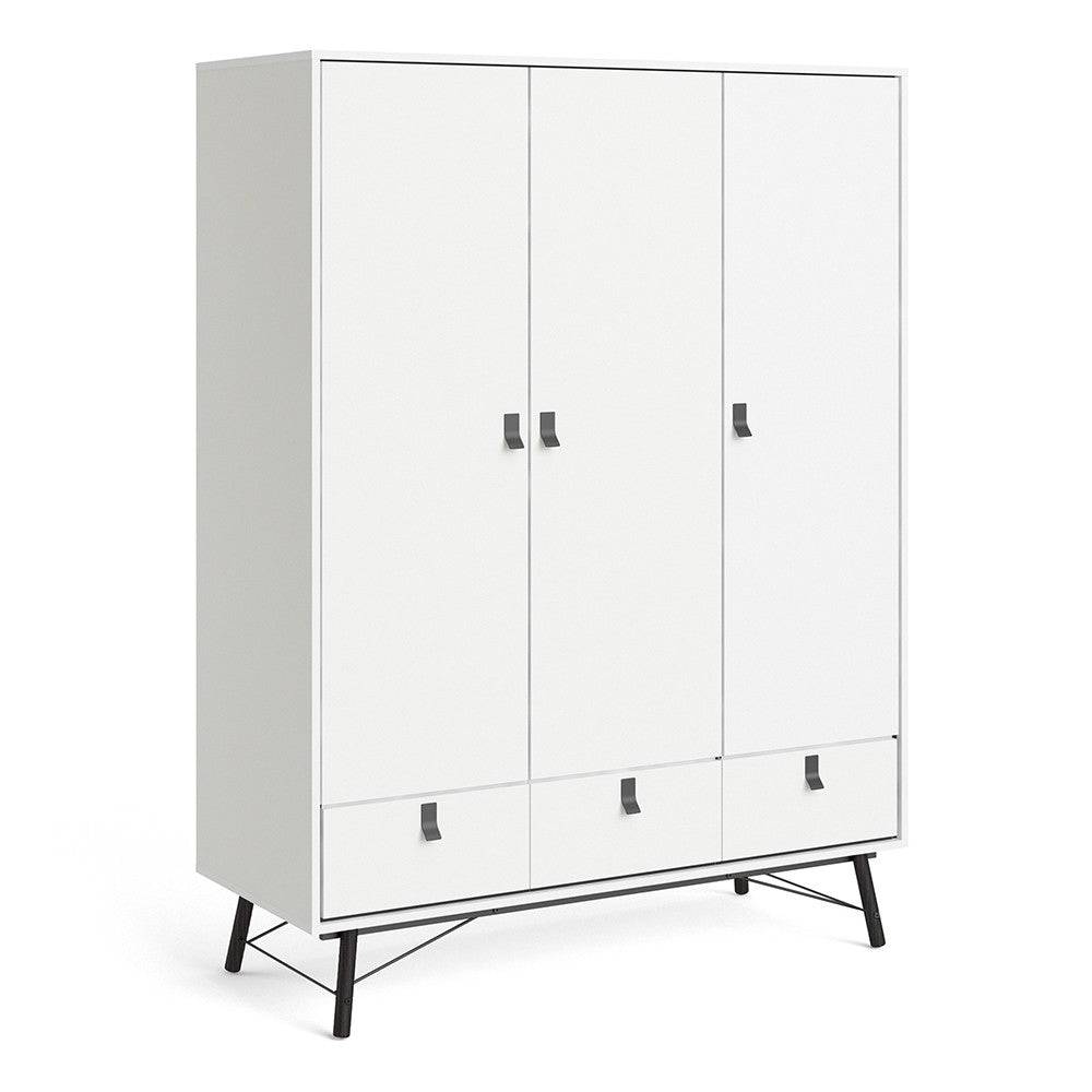 Ry Large Wide Triple Wardrobe 3 Doors + 3 Drawers in Matt White - Price Crash Furniture