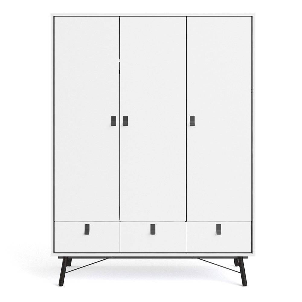 Ry Large Wide Triple Wardrobe 3 Doors + 3 Drawers in Matt White - Price Crash Furniture