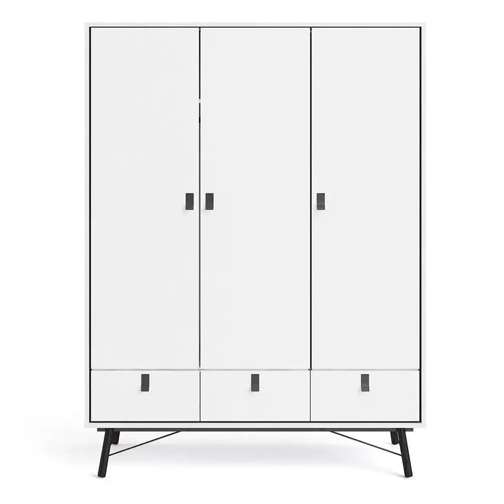 Ry Large Wide Triple Wardrobe 3 Doors + 3 Drawers in Matt White - Price Crash Furniture