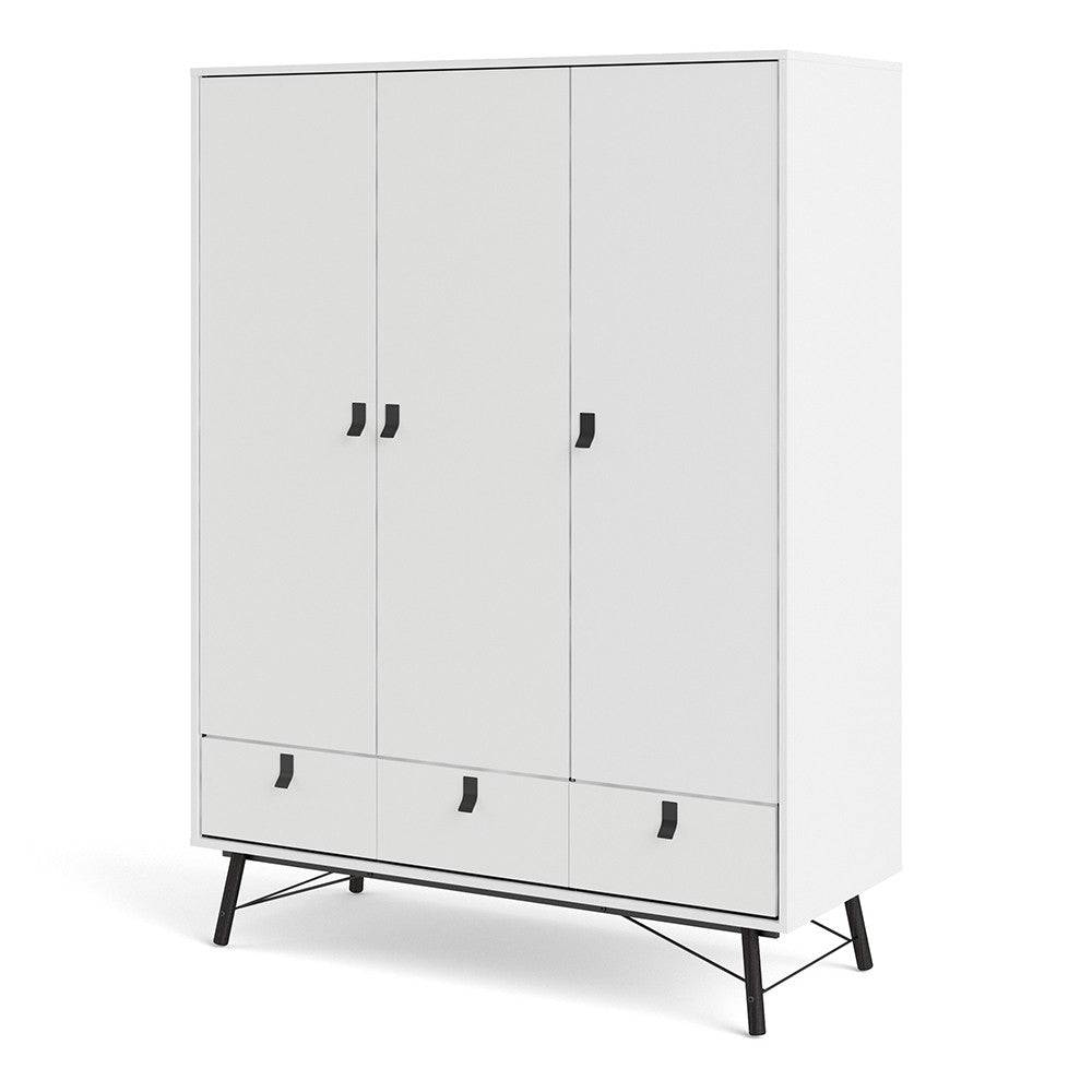 Ry Large Wide Triple Wardrobe 3 Doors + 3 Drawers in Matt White - Price Crash Furniture