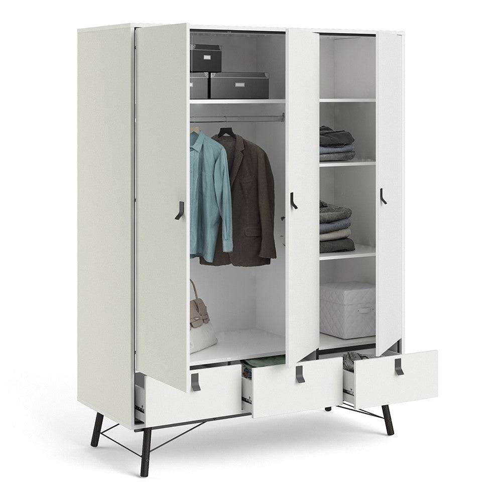 Ry Large Wide Triple Wardrobe 3 Doors + 3 Drawers in Matt White - Price Crash Furniture