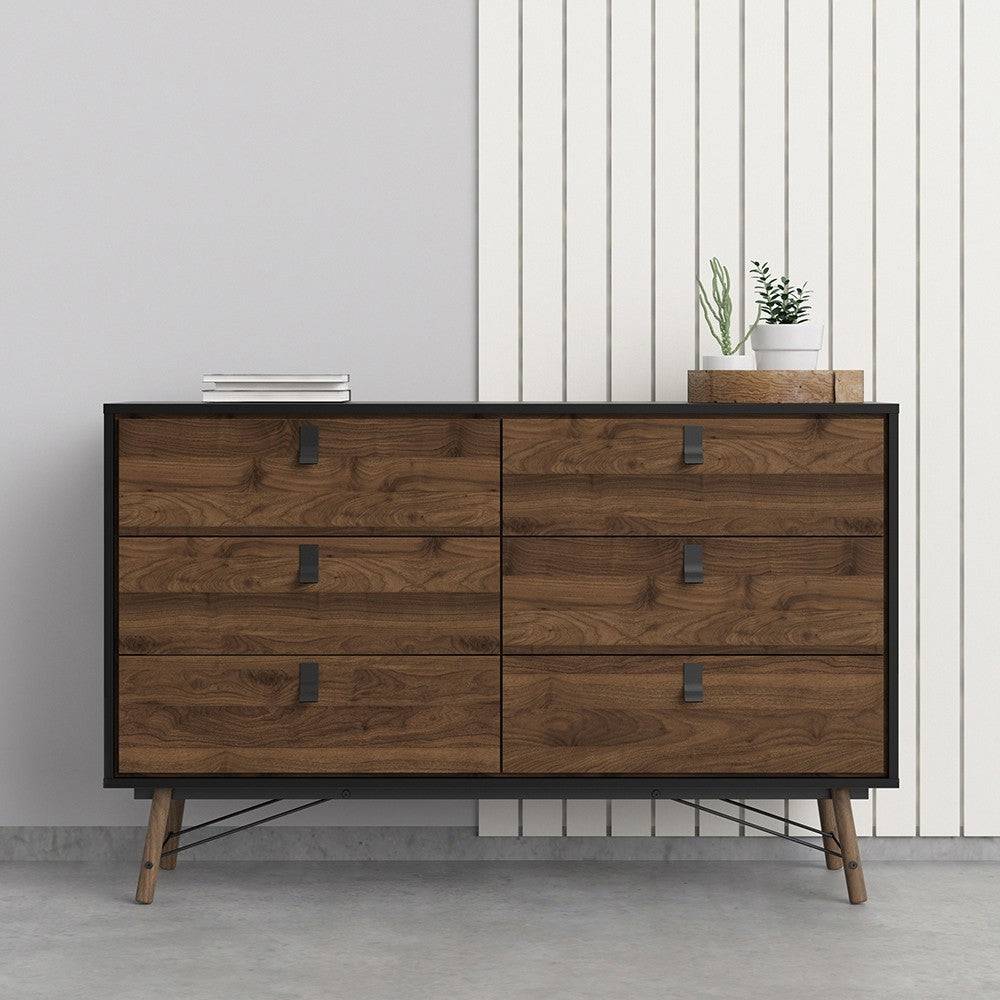 Ry Wide Double 3+3 6 Drawer Chest of Drawers 6 Drawers in Matt Black & Walnut - Price Crash Furniture