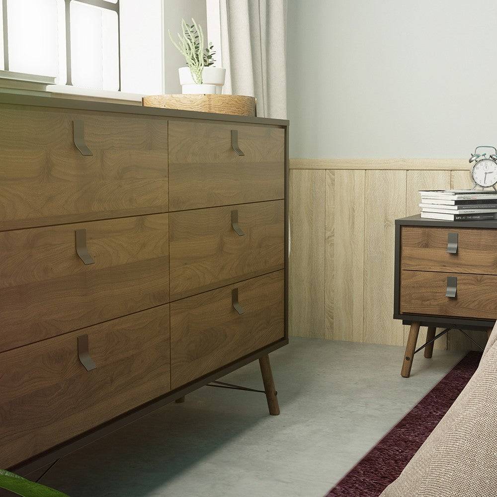 Ry Wide Double 3+3 6 Drawer Chest of Drawers 6 Drawers in Matt Black & Walnut - Price Crash Furniture