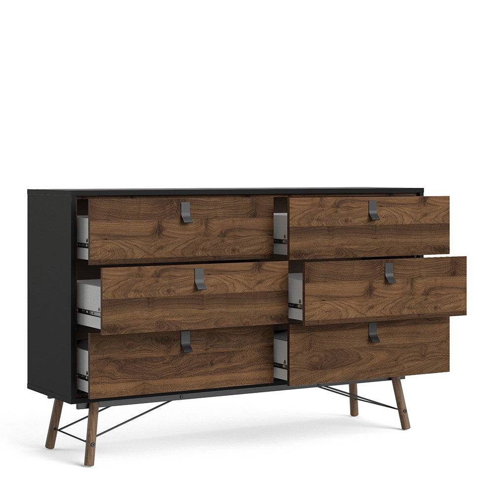 Ry Wide Double 3+3 6 Drawer Chest of Drawers 6 Drawers in Matt Black & Walnut - Price Crash Furniture