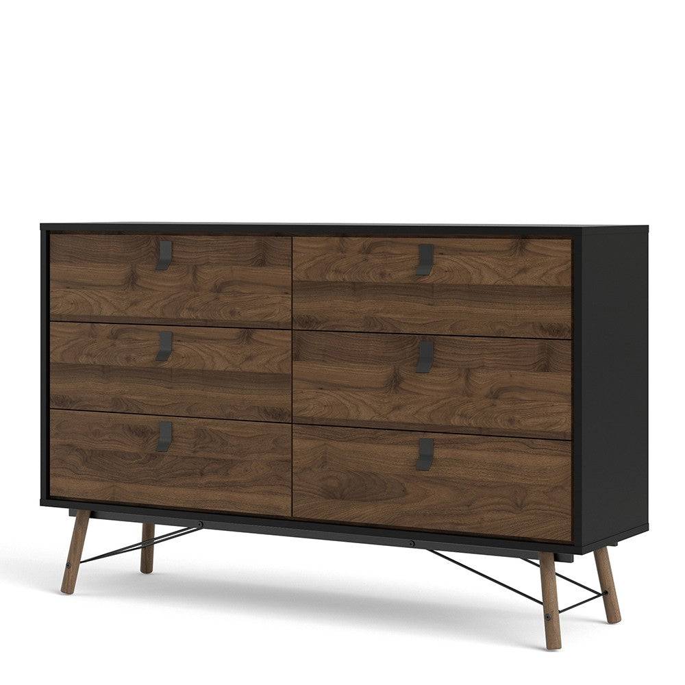 Ry Wide Double 3+3 6 Drawer Chest of Drawers 6 Drawers in Matt Black & Walnut - Price Crash Furniture