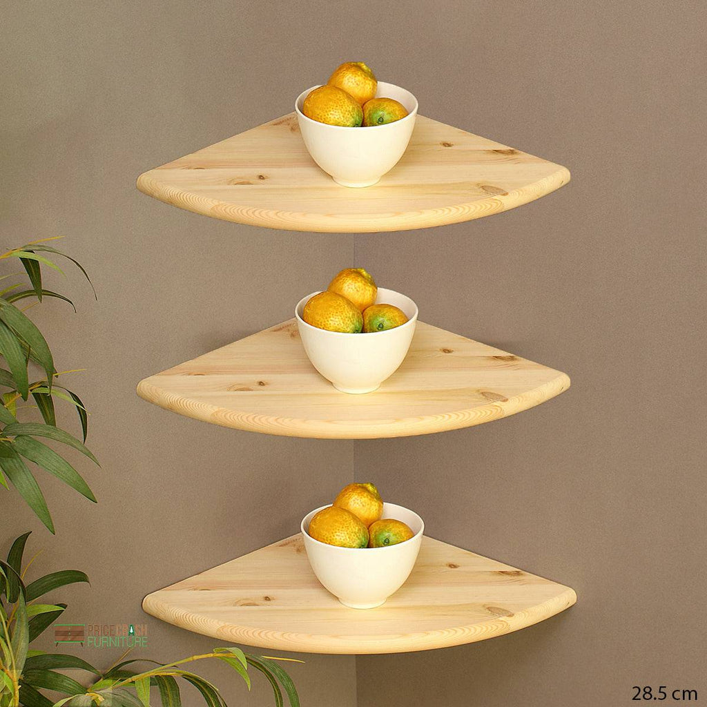 Simple and Natural Corner Wall Shelf 28.5cm 3-Pack in Solid Wood by Core - Price Crash Furniture