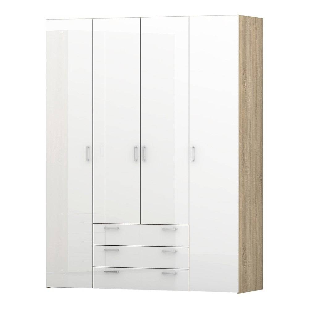 Space Wardrobe - 4 Doors 3 Drawers In Oak With White High Gloss - Price Crash Furniture