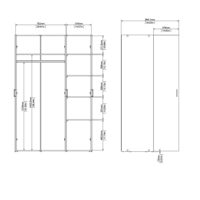 Space Wardrobe with 3 doors in White, 175cm tall - Price Crash Furniture