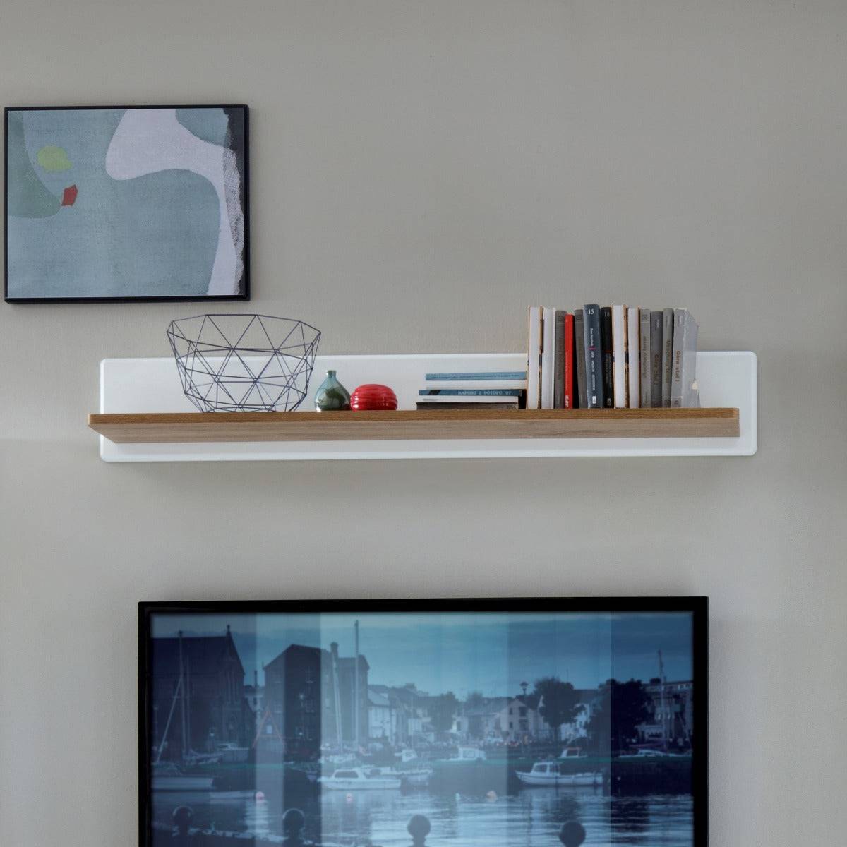 Toledo 138cm White Gloss & Oak Wall Shelf - Price Crash Furniture