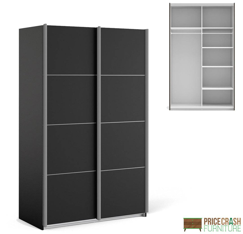 Verona Sliding Wardrobe 120cm in Black Matte with Black Doors with 5 Shelves - Price Crash Furniture