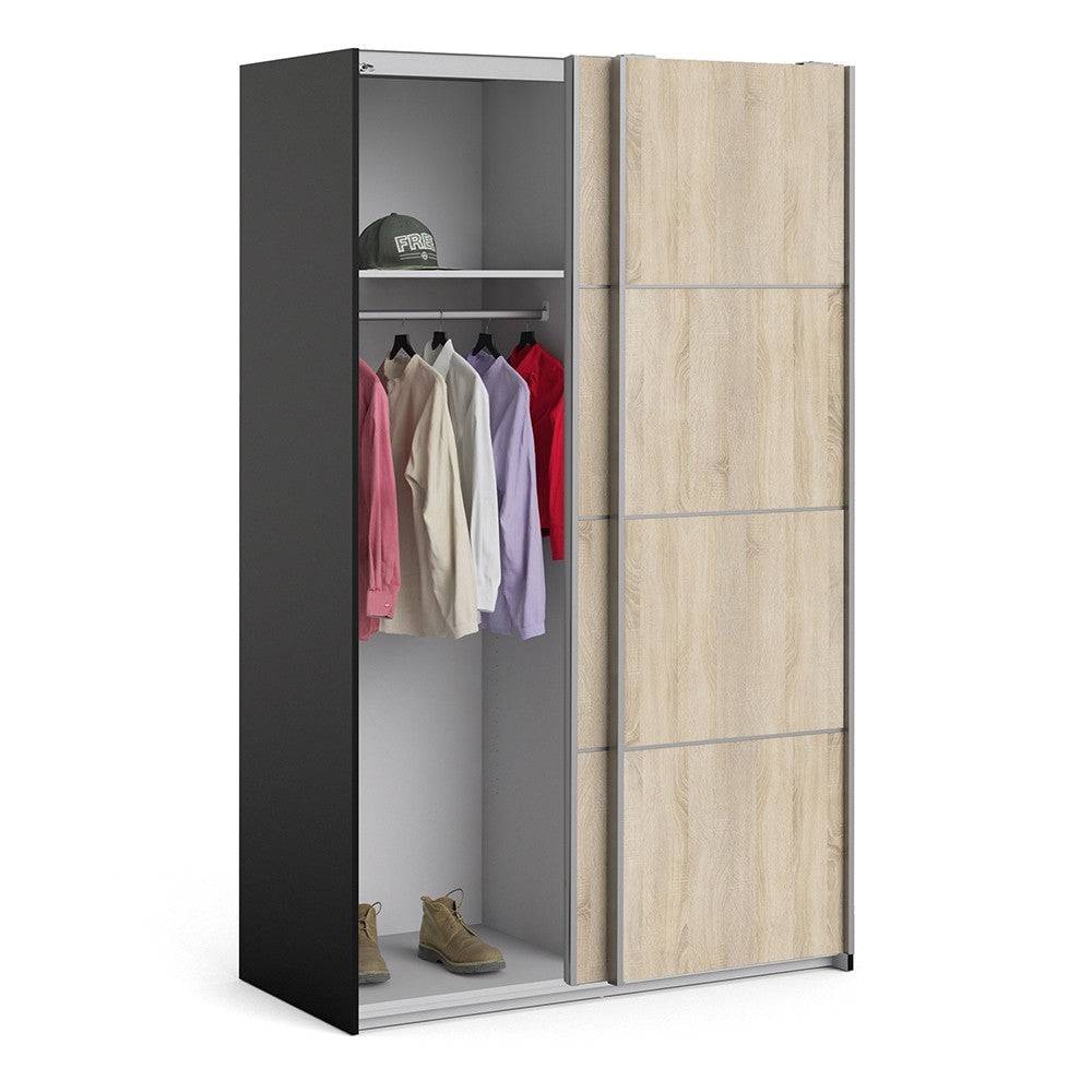 Verona Sliding Wardrobe 120cm in Black Matte with Oak Doors with 2 Shelves - Price Crash Furniture