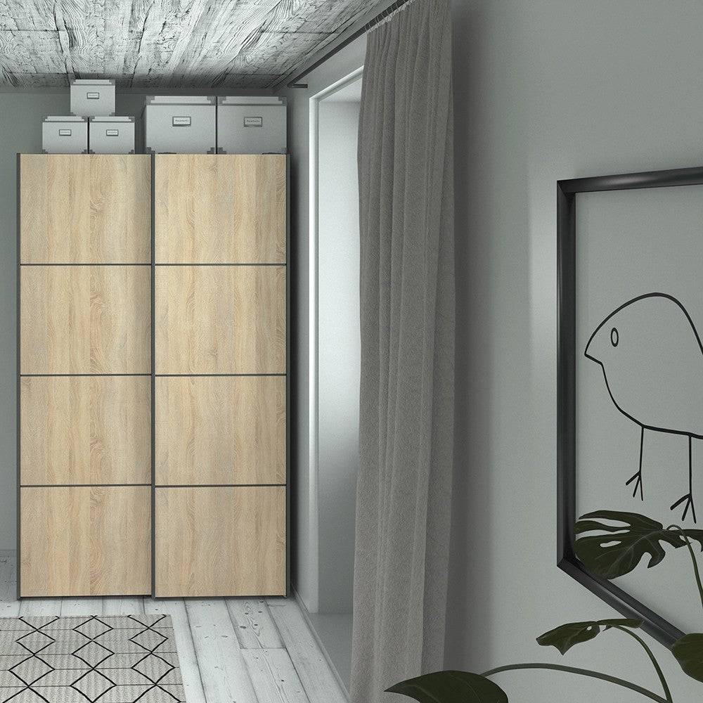 Verona Sliding Wardrobe 120cm in Black Matte with Oak Doors with 2 Shelves - Price Crash Furniture