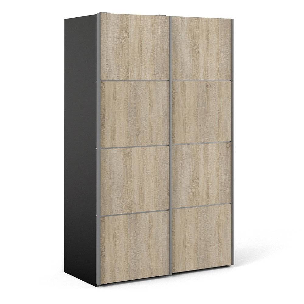 Verona Sliding Wardrobe 120cm in Black Matte with Oak Doors with 5 Shelves - Price Crash Furniture