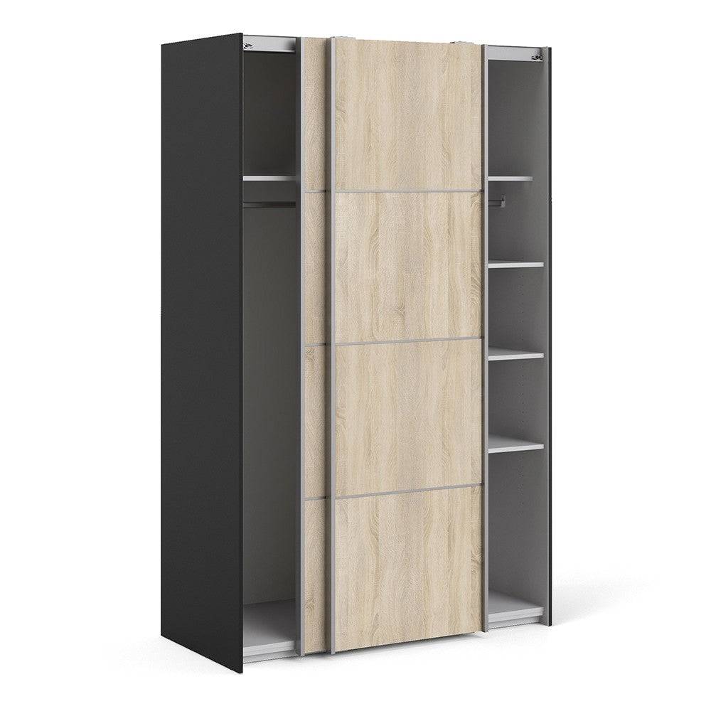 Verona Sliding Wardrobe 120cm in Black Matte with Oak Doors with 5 Shelves - Price Crash Furniture