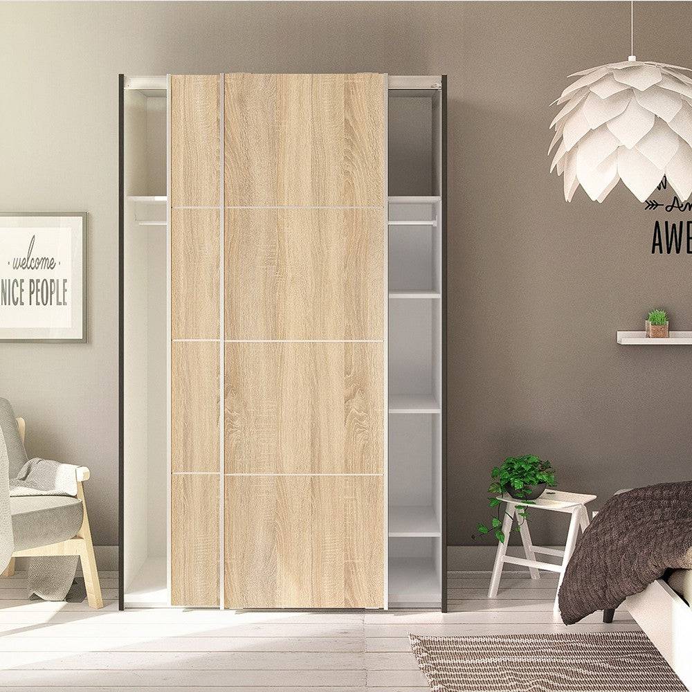 Verona Sliding Wardrobe 120cm in Black Matte with Oak Doors with 5 Shelves - Price Crash Furniture