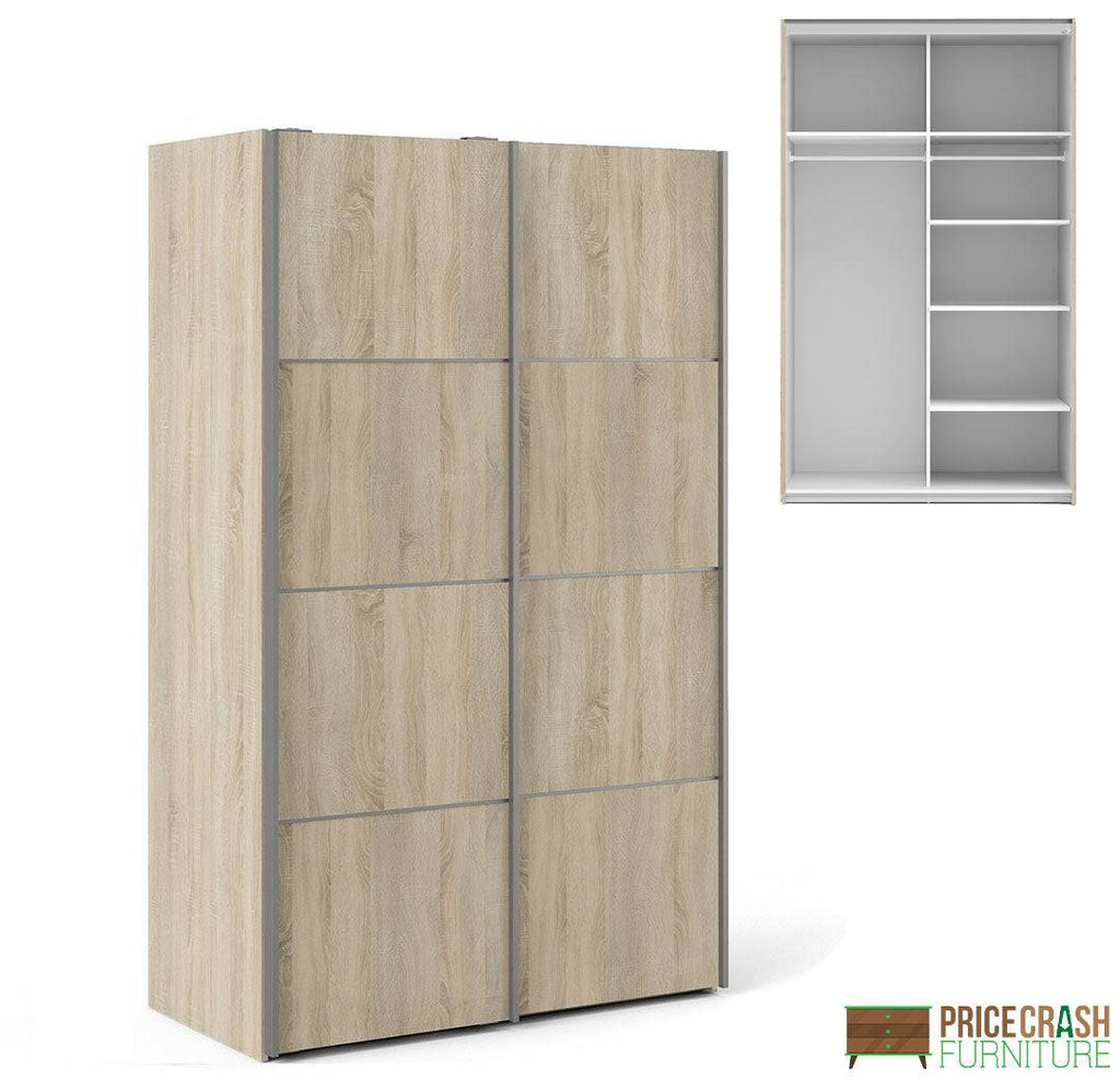 Verona Sliding Wardrobe 120cm in Oak with Oak Doors with 5 Shelves - Price Crash Furniture