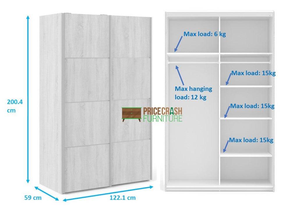 Verona Sliding Wardrobe 120cm in Oak with White Doors with 5 Shelves - Price Crash Furniture