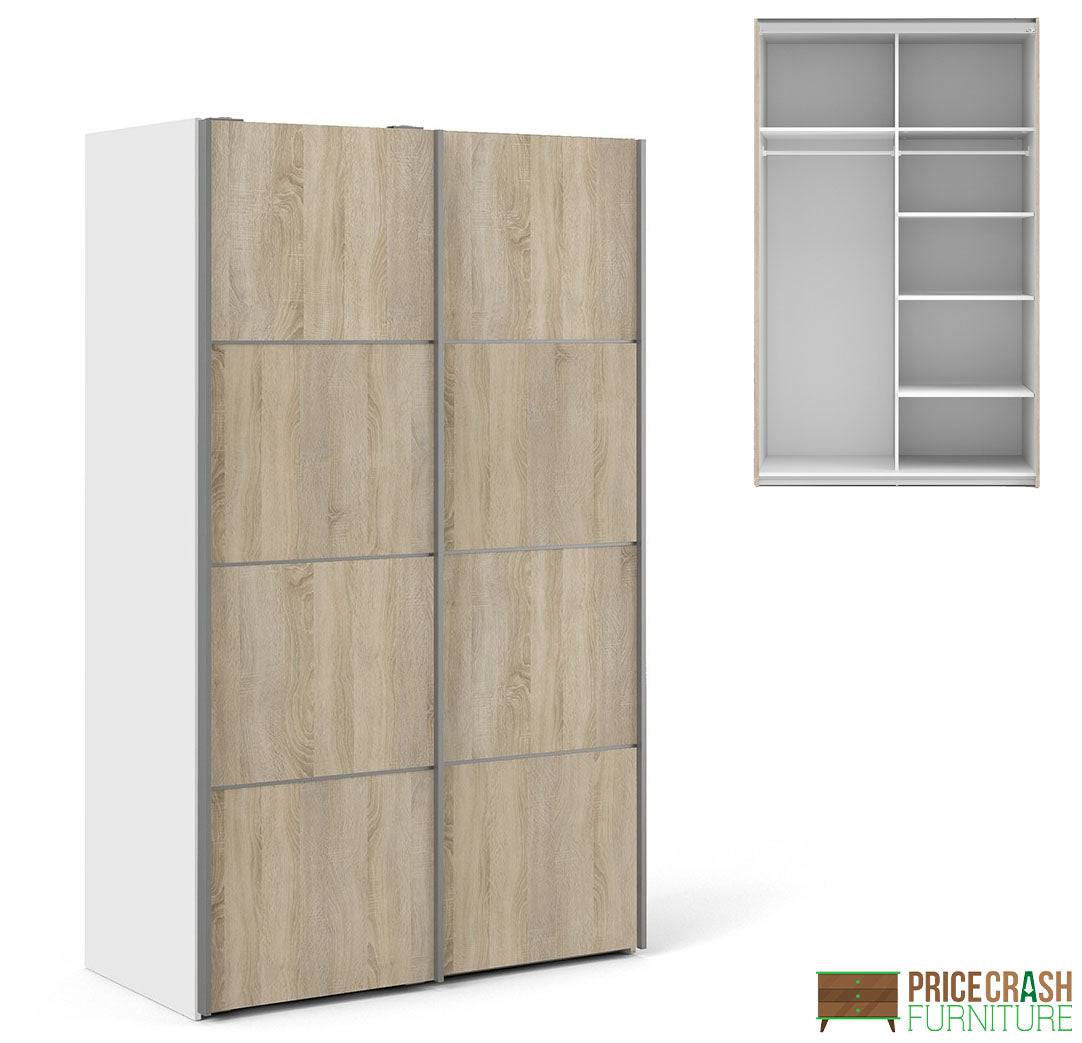 Verona Sliding Wardrobe 120cm in White with Oak Doors with 2 Shelves - Price Crash Furniture