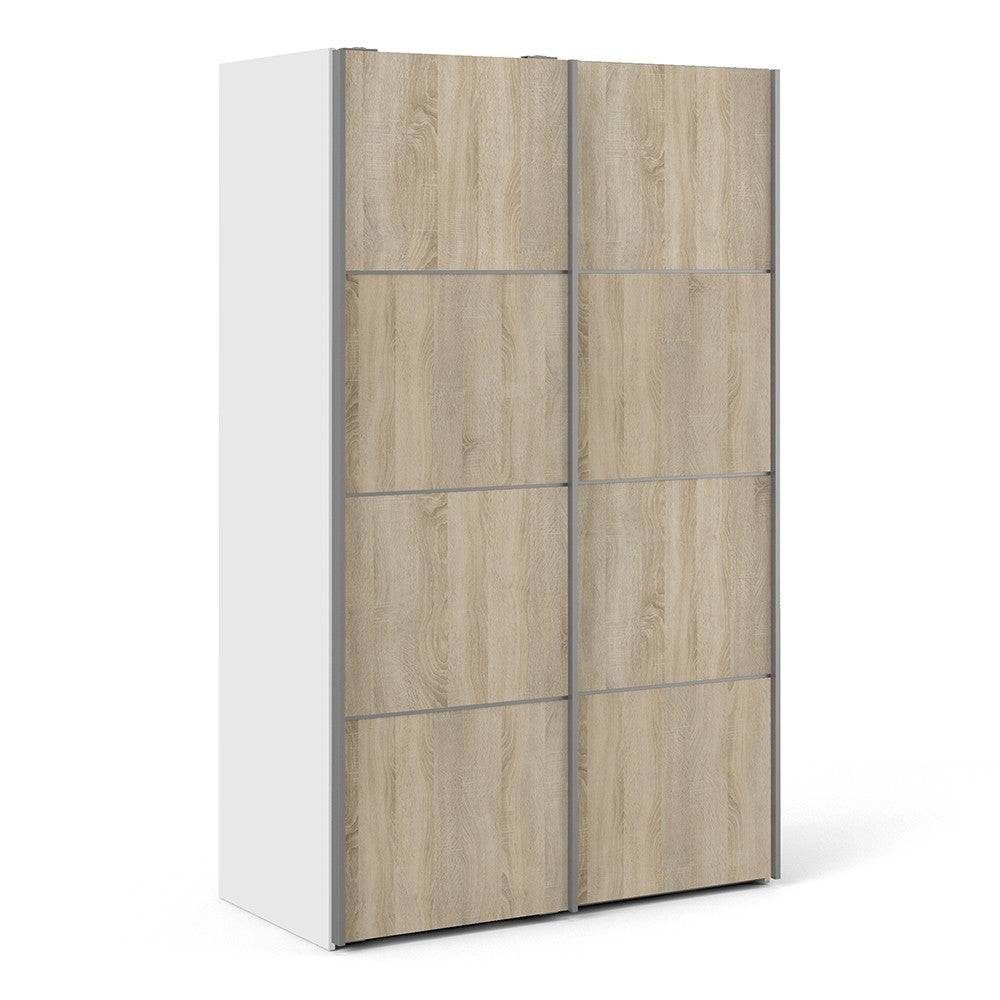 Verona Sliding Wardrobe 120cm in White with Oak Doors with 5 Shelves - Price Crash Furniture