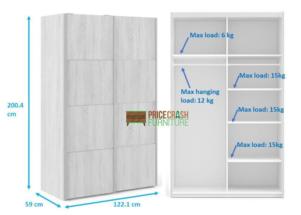 Verona Sliding Wardrobe 120cm in White with White Doors with 5 Shelves - Price Crash Furniture