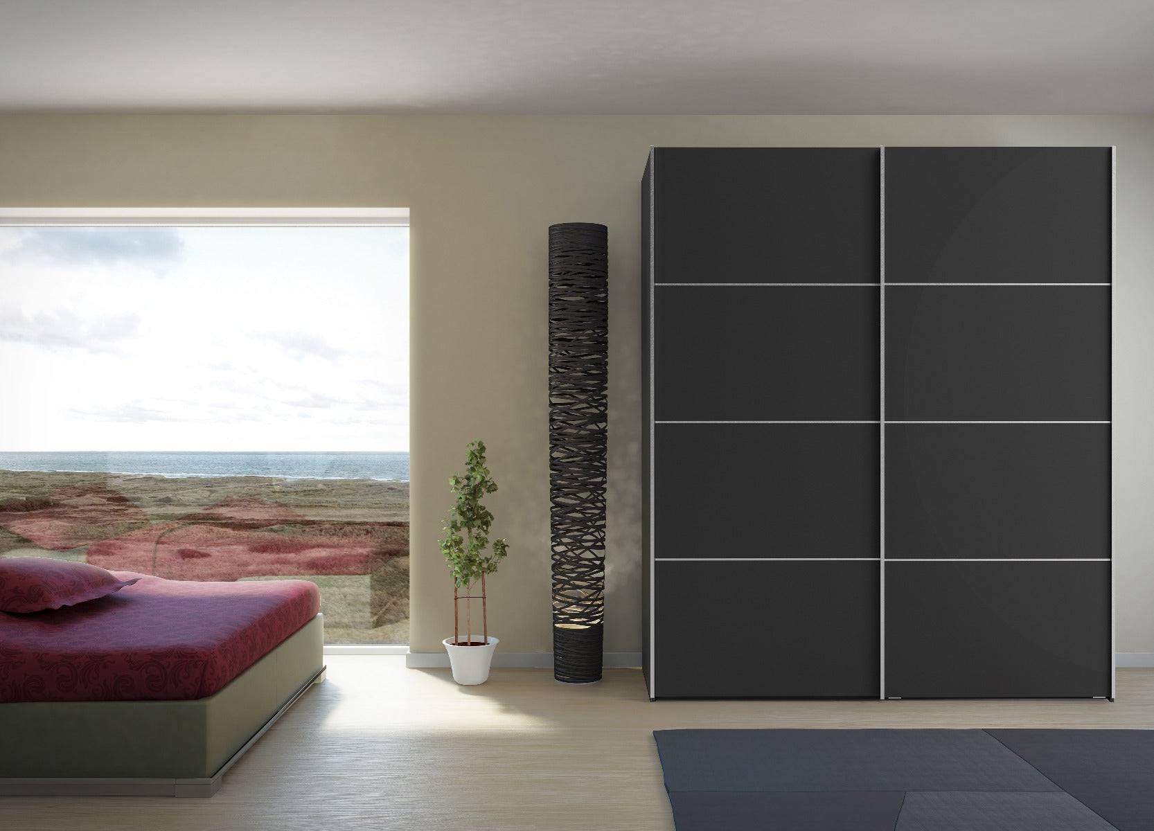 Verona Sliding Wardrobe 180cm in Black Matte with Black Doors with 2 Shelves - Price Crash Furniture