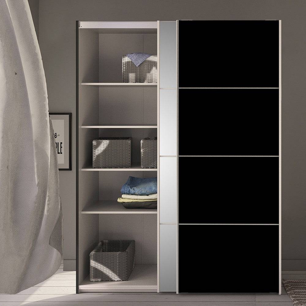 Verona Sliding Wardrobe 180cm in Black Matte with Black Matt and Mirror Doors with 5 Shelves - Price Crash Furniture