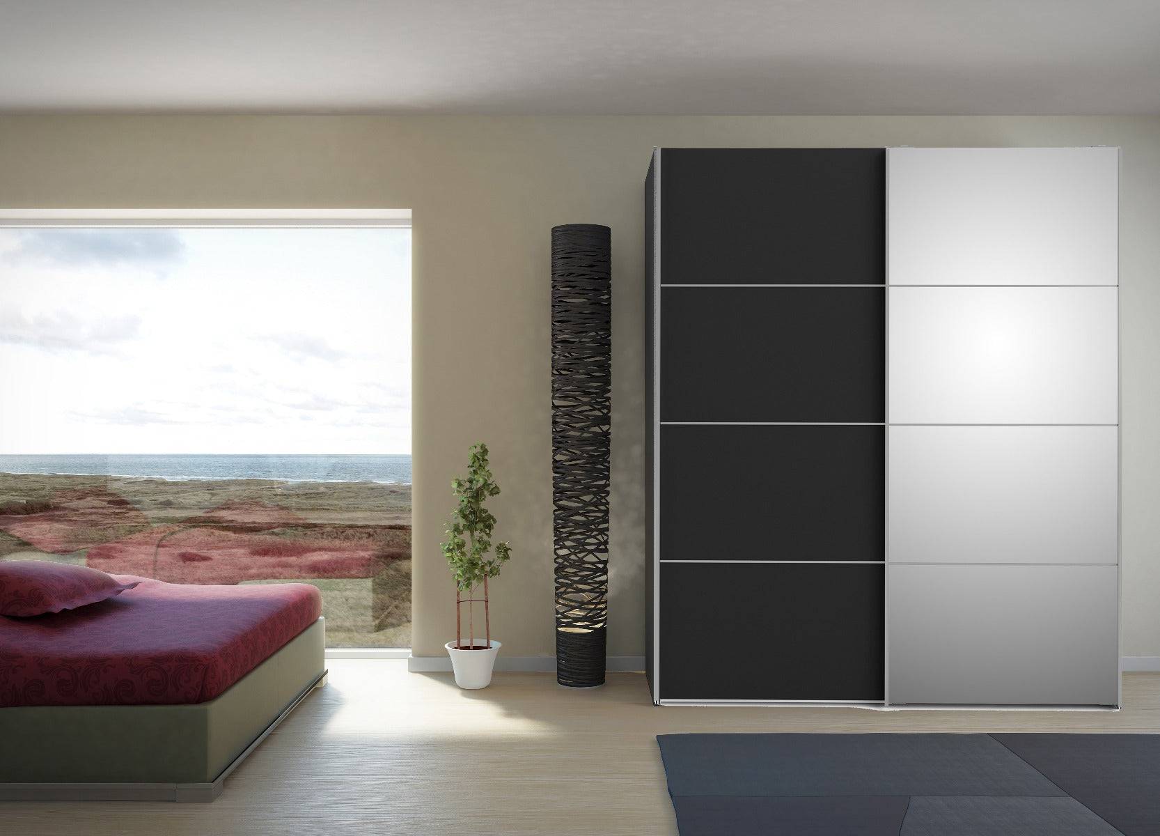 Verona Sliding Wardrobe 180cm in Black Matte with Black Matt and Mirror Doors with 5 Shelves - Price Crash Furniture