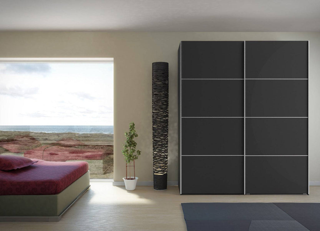 Verona Sliding Wardrobe 180cm in Black Matte with Black Matte Doors Doors with 5 Shelves - Price Crash Furniture