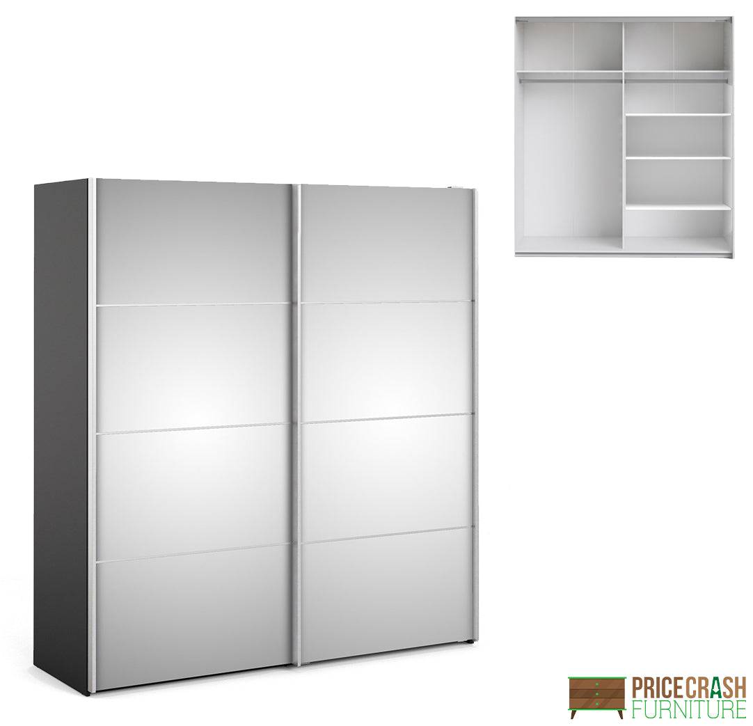 Verona Sliding Wardrobe 180cm in Black Matte with Mirror Doors with 5 Shelves - Price Crash Furniture