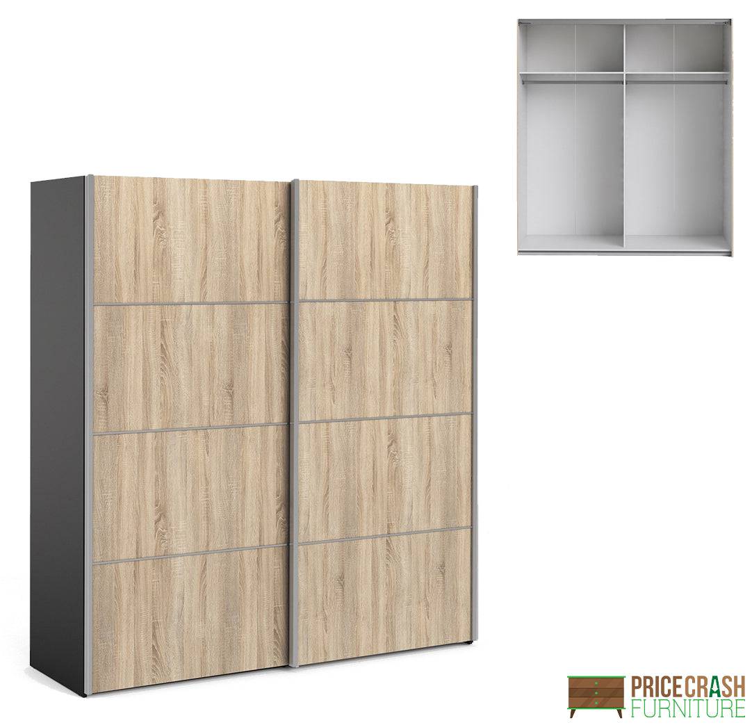 Verona Sliding Wardrobe 180cm in Black Matte with Oak Doors with 2 Shelves - Price Crash Furniture