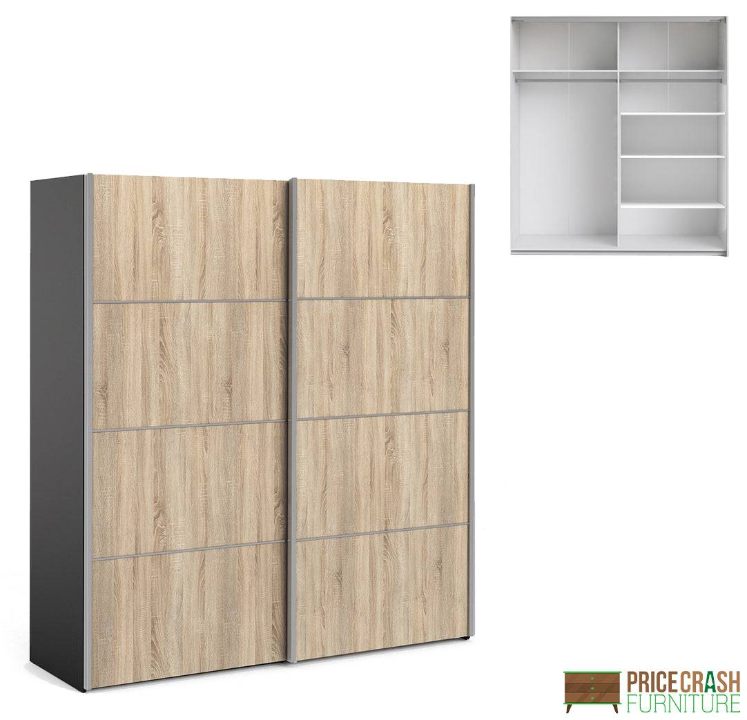 Verona Sliding Wardrobe 180cm in Black Matte with Oak Doors with 5 Shelves - Price Crash Furniture