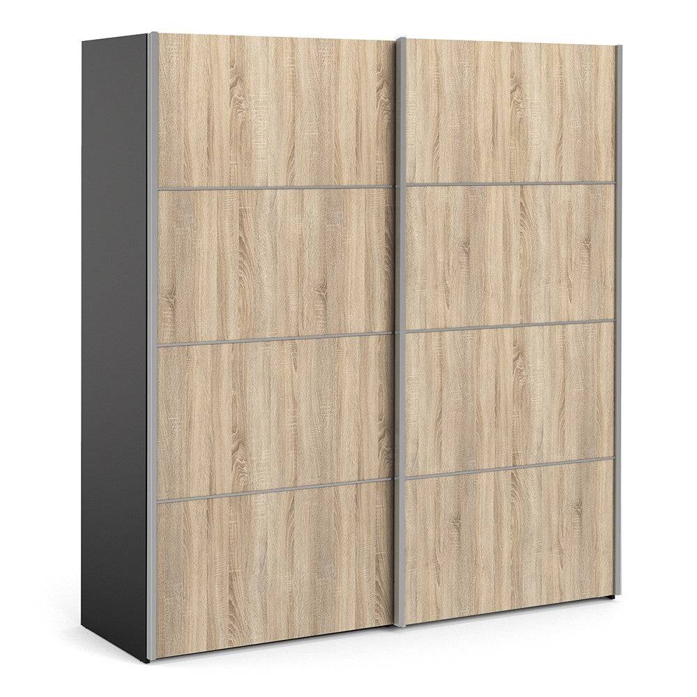 Verona Sliding Wardrobe 180cm in Black Matte with Oak Doors with 5 Shelves - Price Crash Furniture