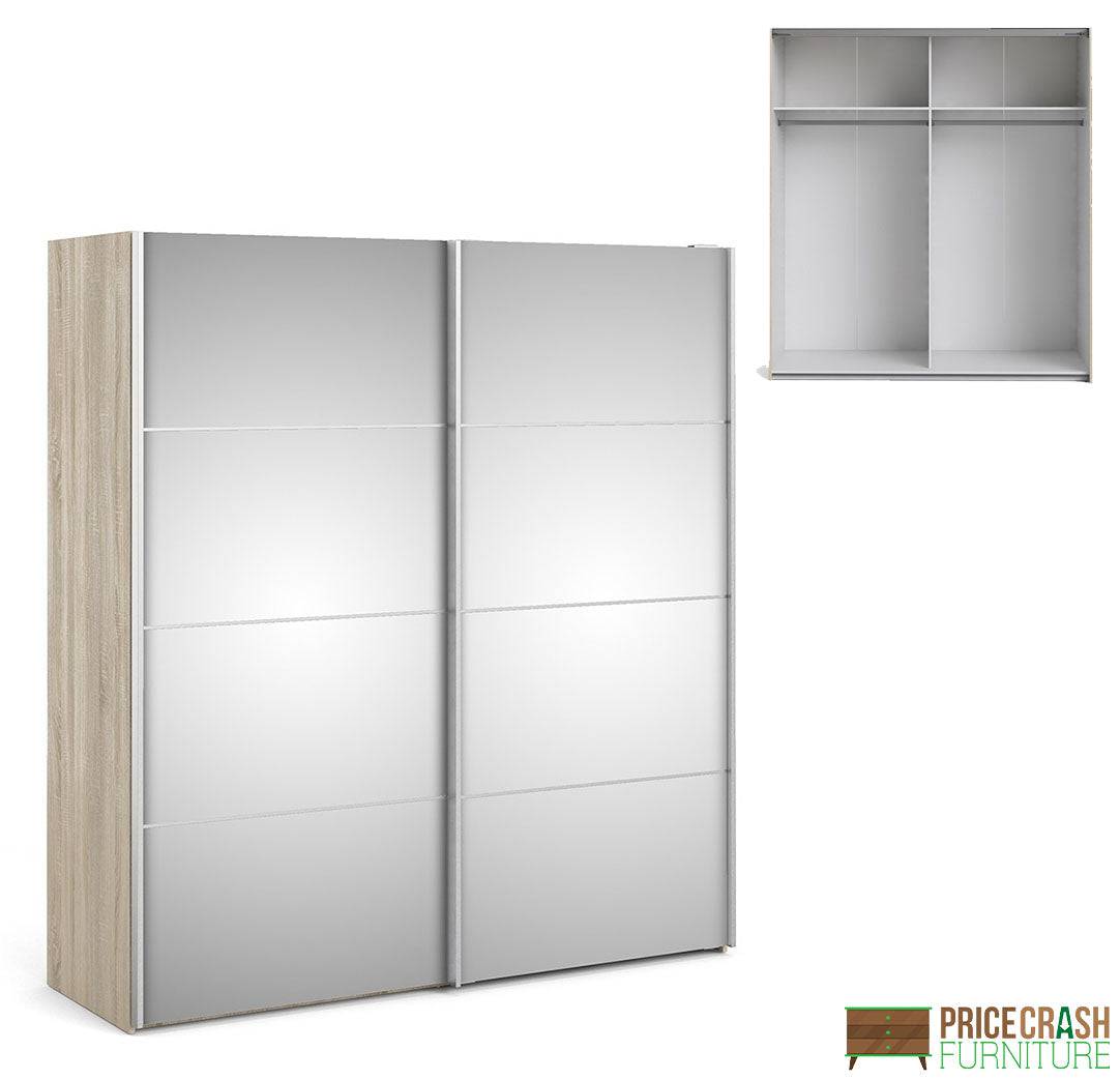 Verona Sliding Wardrobe 180cm in Oak with Mirror Doors with 2 Shelves - Price Crash Furniture