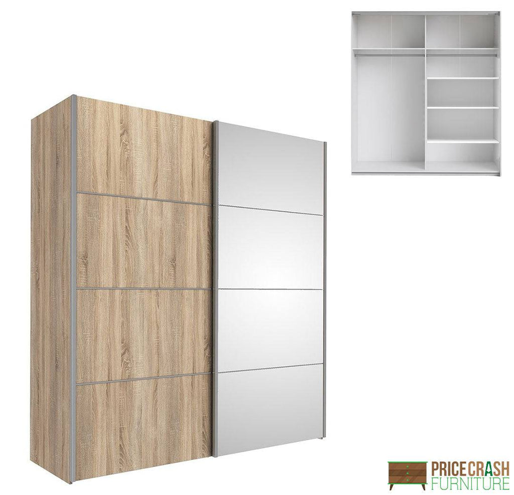 Verona Sliding Wardrobe 180cm in Oak with Oak and Mirror Doors with 5 Shelves - Price Crash Furniture