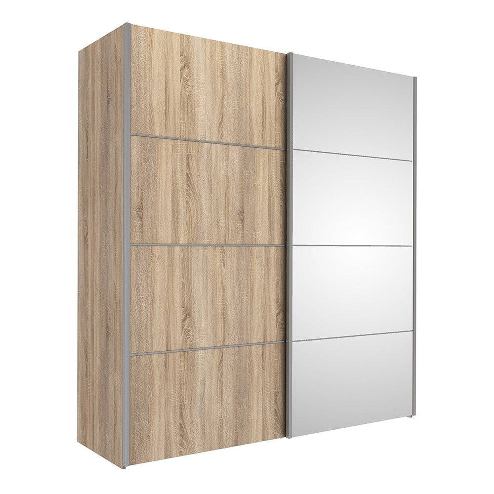 Verona Sliding Wardrobe 180cm in Oak with Oak and Mirror Doors with 5 Shelves - Price Crash Furniture