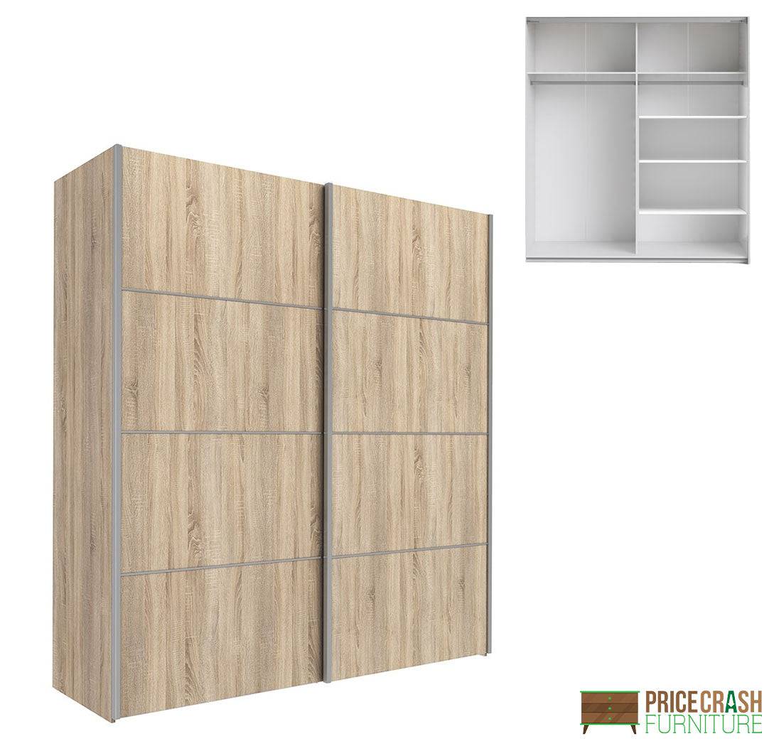 Verona Sliding Wardrobe 180cm in Oak with Oak Doors with 5 Shelves - Price Crash Furniture