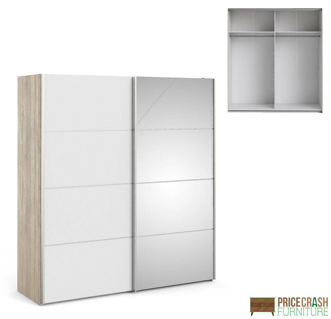 Verona Sliding Wardrobe 180cm in Oak with White and Mirror Doors with 2 Shelves - Price Crash Furniture