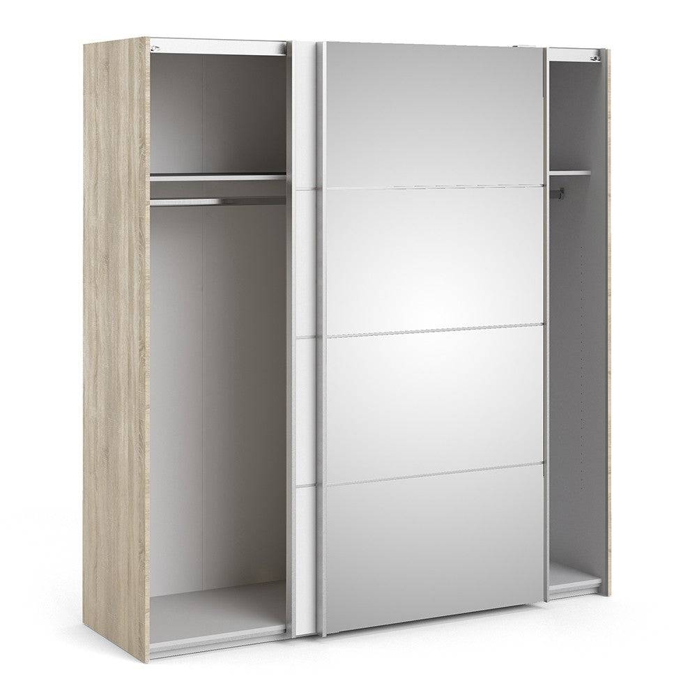 Verona Sliding Wardrobe 180cm in Oak with White and Mirror Doors with 2 Shelves - Price Crash Furniture