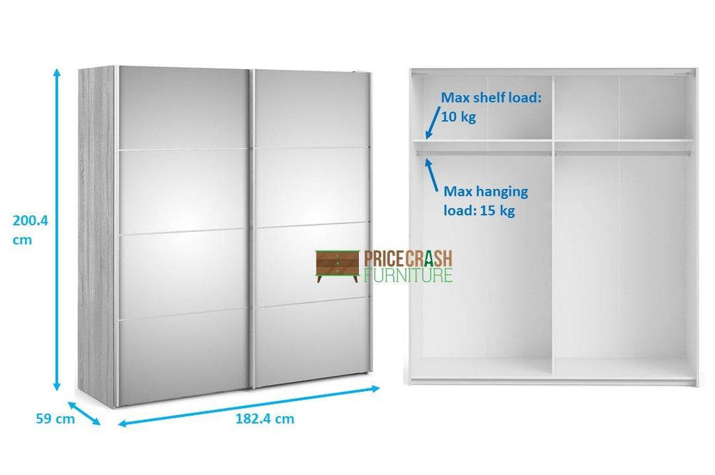 Verona Sliding Wardrobe 180cm in Oak with White and Mirror Doors with 2 Shelves - Price Crash Furniture