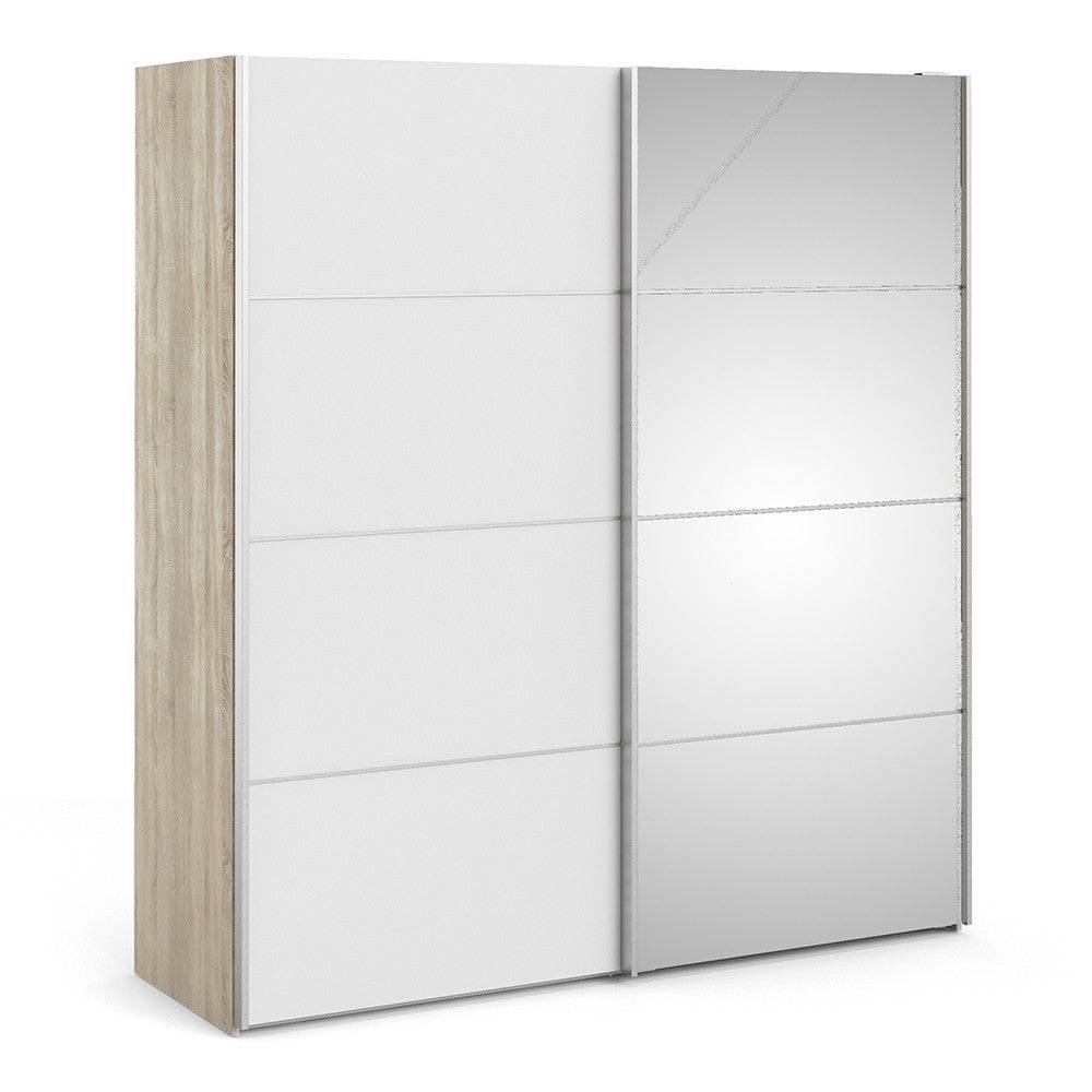 Verona Sliding Wardrobe 180cm in Oak with White and Mirror Doors with 5 Shelves - Price Crash Furniture