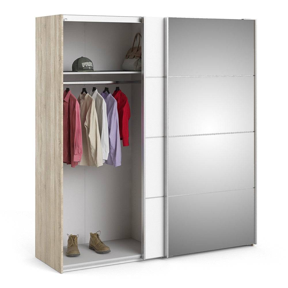 Verona Sliding Wardrobe 180cm in Oak with White and Mirror Doors with 5 Shelves - Price Crash Furniture