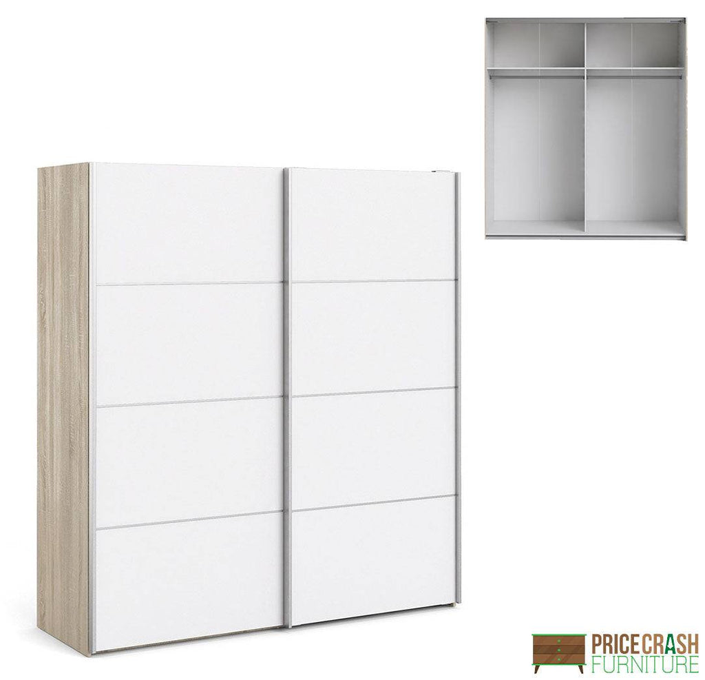 Verona Sliding Wardrobe 180cm in Oak with White Doors with 2 Shelves - Price Crash Furniture