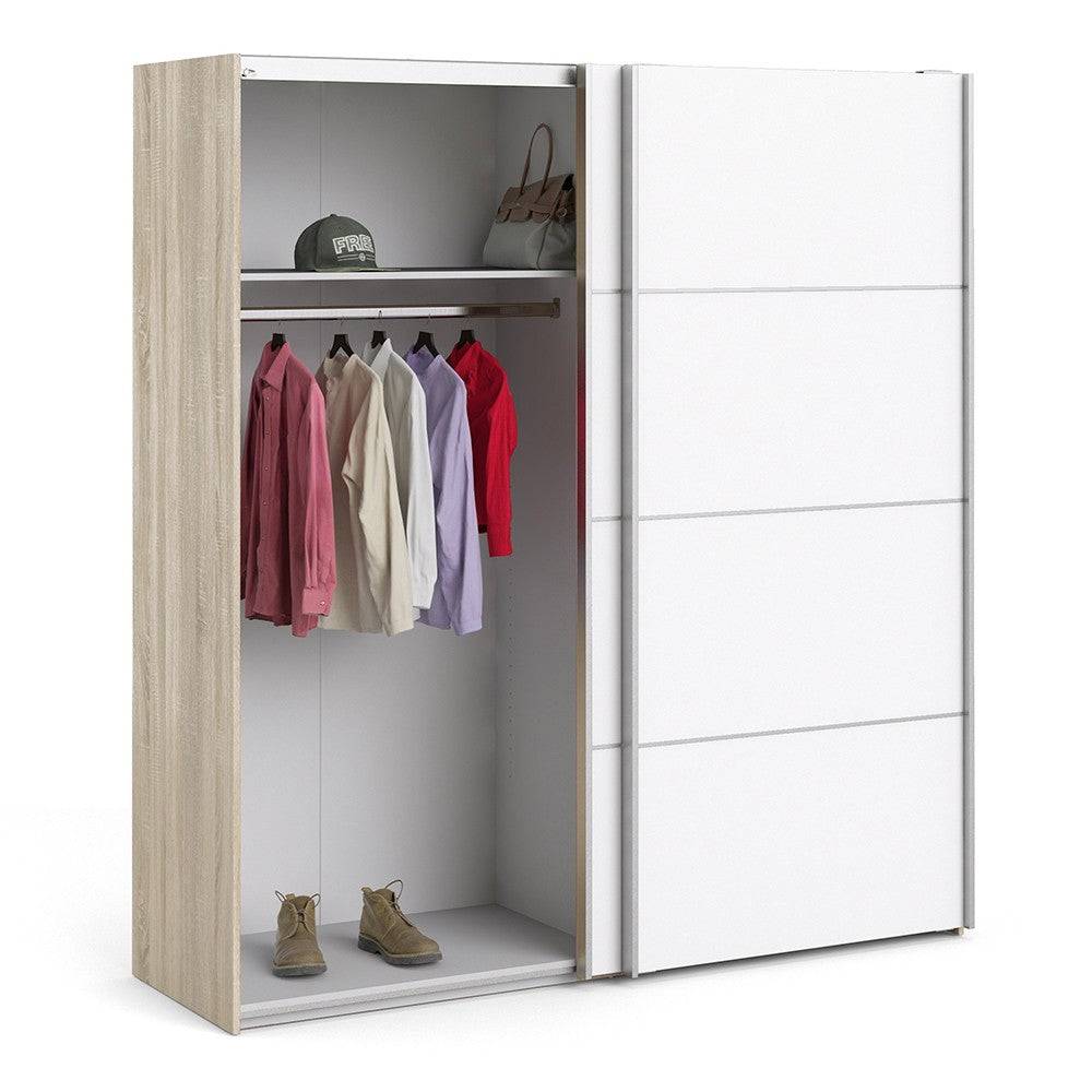 Verona Sliding Wardrobe 180cm in Oak with White Doors with 2 Shelves - Price Crash Furniture