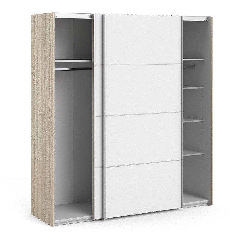Verona Sliding Wardrobe 180cm in Oak with White Doors with 5 Shelves - Price Crash Furniture