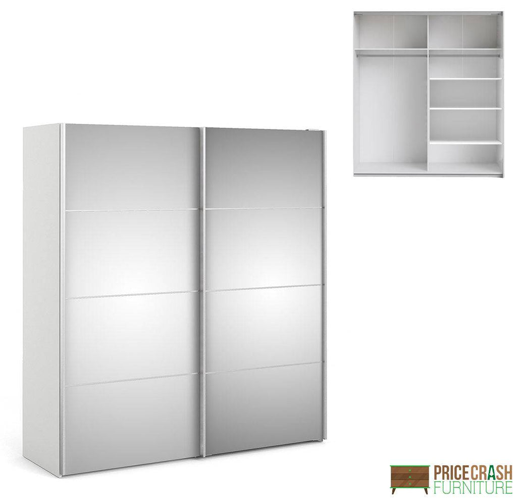 Verona Sliding Wardrobe 180cm in White with Mirror Doors with 5 Shelves - Price Crash Furniture