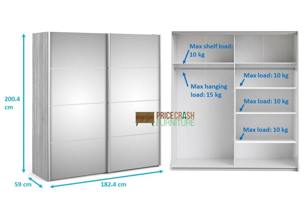 Verona Sliding Wardrobe 180cm in White with Mirror Doors with 5 Shelves - Price Crash Furniture