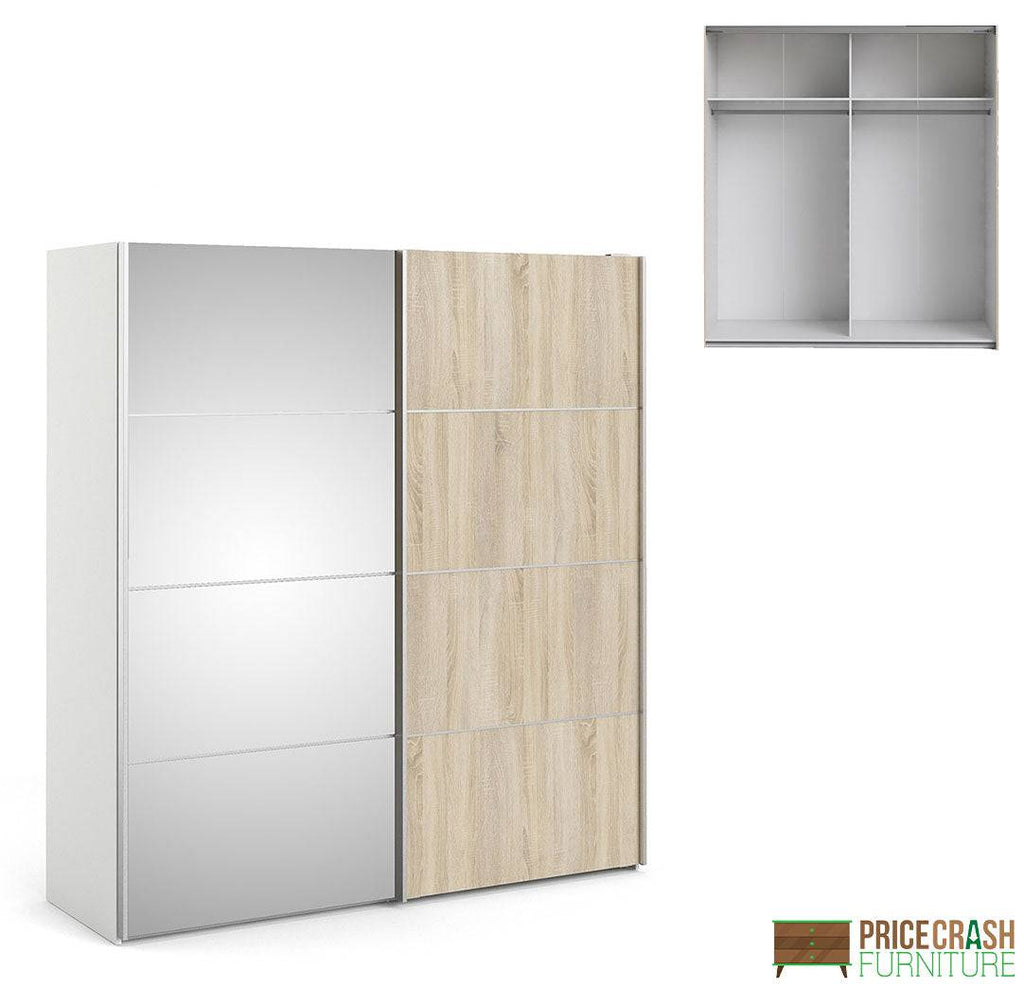 Verona Sliding Wardrobe 180cm in White with Oak and Mirror Doors with 2 Shelves - Price Crash Furniture