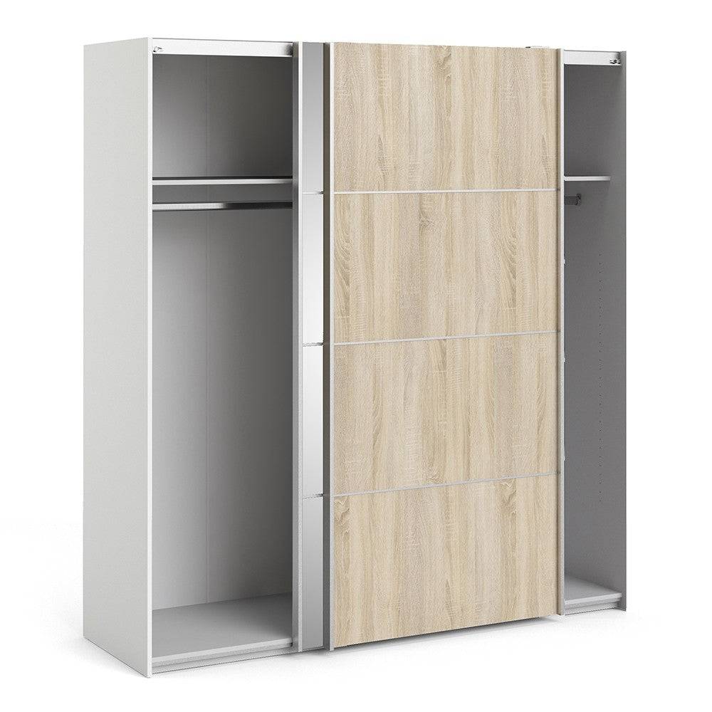 Verona Sliding Wardrobe 180cm in White with Oak and Mirror Doors with 2 Shelves - Price Crash Furniture